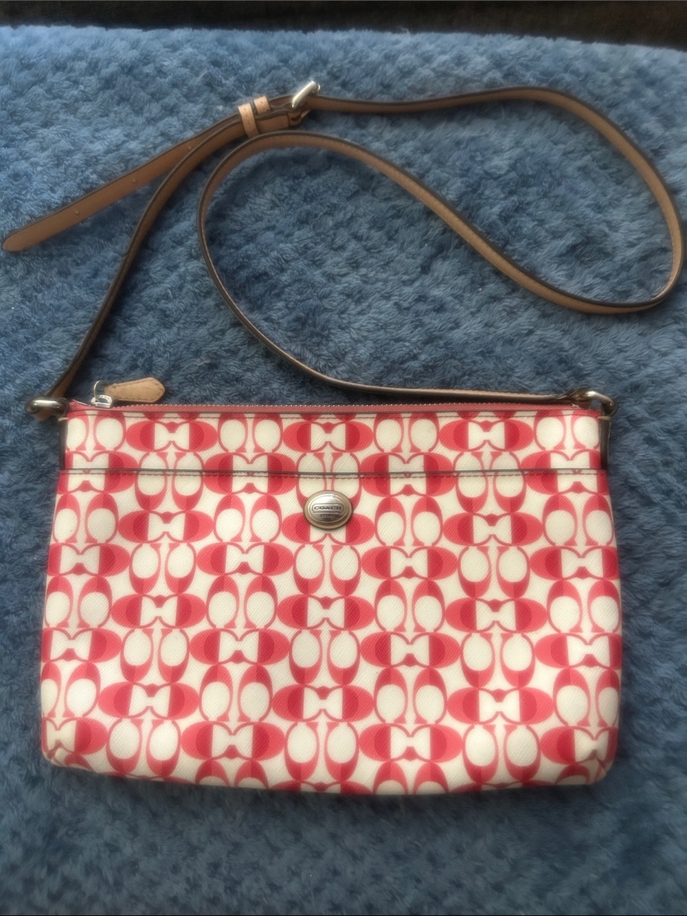 Coach Red and White Signature Crossbody Bag with Brown Strap